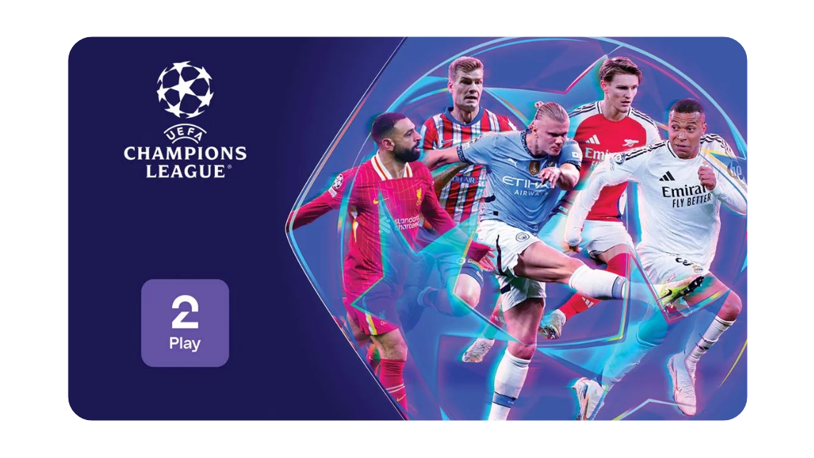 UEFA Champions League-grafikk med seks fotballspillere fra kjente lag foran en blå bakgrunn, sammen med TV 2 Play-logoen.