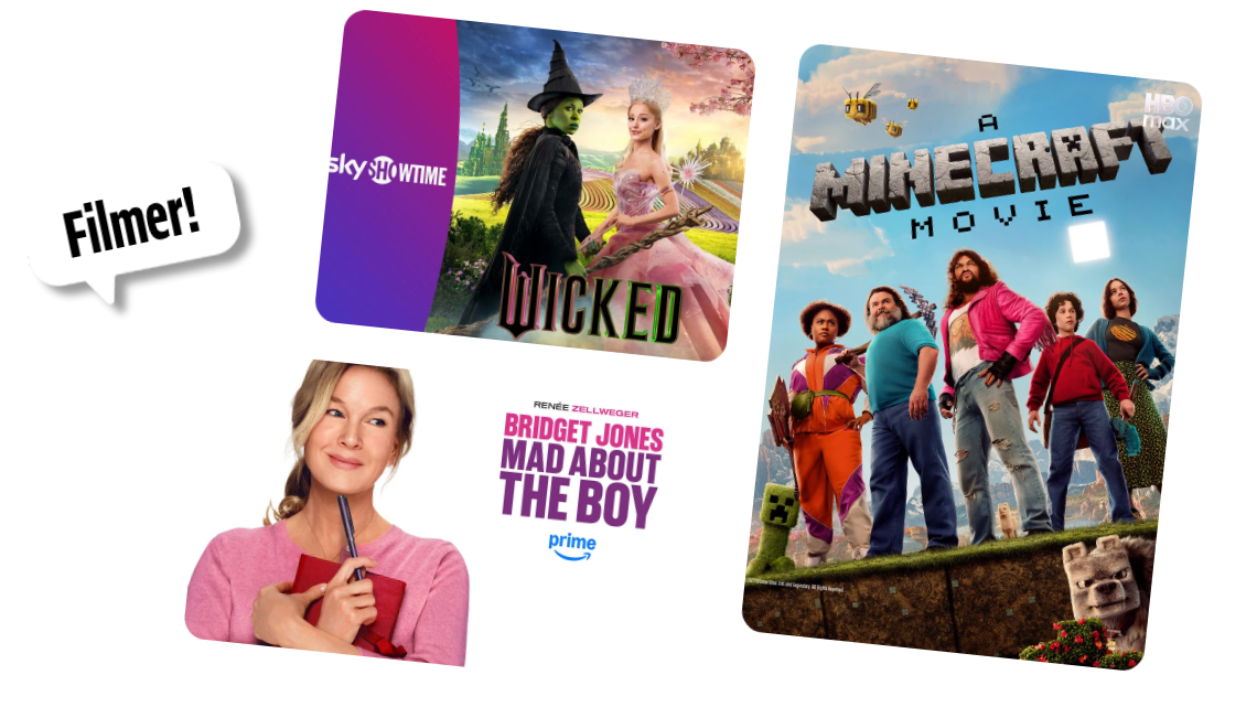 Filmer på streamingtjenester: Wicked (SkyShowtime), Minecraft: The Movie (HBO Max) og Bridget Jones: Mad About the Boy (Prime Video).
