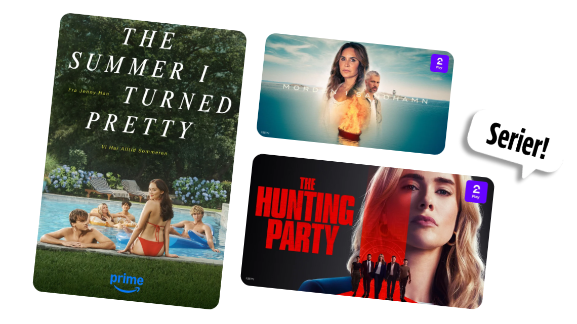 Serier på streamingtjenester: The Summer I Turned Pretty (Prime Video), Morden i Sandhamn (TV 2 Play) og The Hunting Party (TV 2 Play).