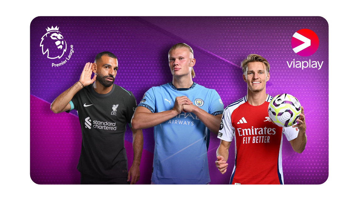 Tre Premier League-spillere foran lilla bakgrunn med Viaplay-logoen.